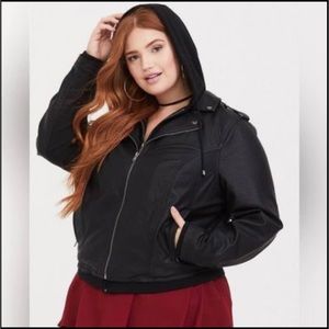 Torrid Black Faux Leather Hooded Bomber Jacket
